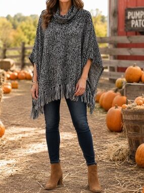 White House/Black Market Turtleneck Poncho with Fringe Finish